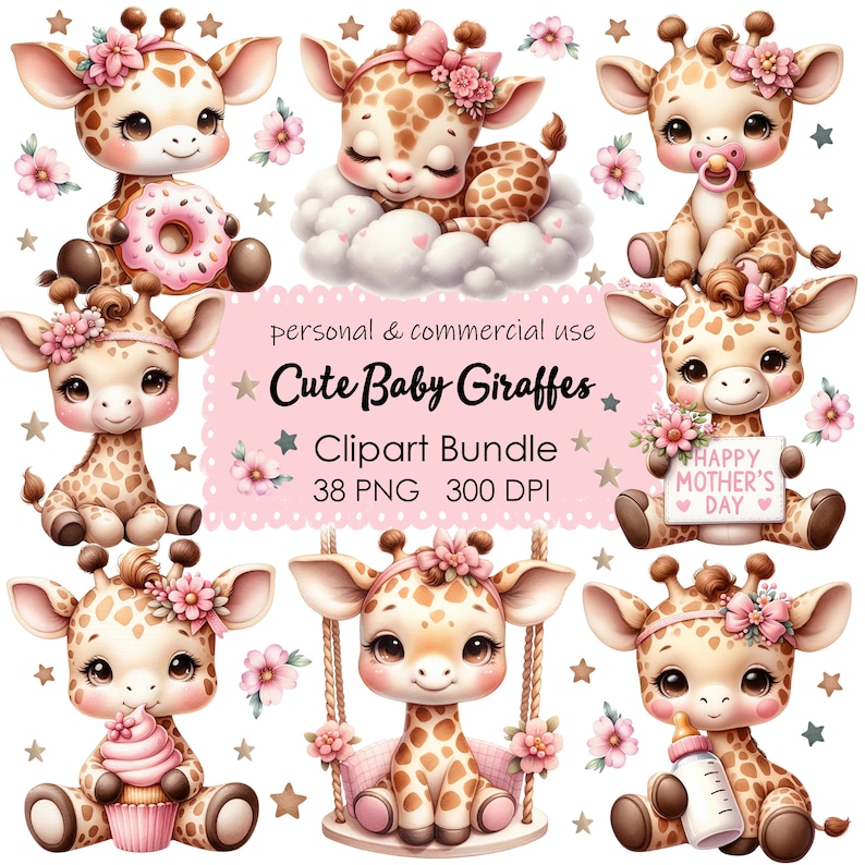 May include: A set of 38 digital clipart images featuring cute baby giraffes in various poses. The giraffes are illustrated in a cartoon style with large eyes and pink accents. The images are perfect for crafting projects, scrapbooking, and digital design.