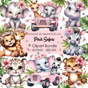 Paquete de imágenes prediseñadas de niña safari rosa: decoración infantil, decoraciones para fiestas de cumpleaños, descarga digital