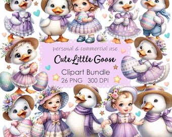 Watercolor Goose Clipart – Vintage Easter Girl, Transparent PNG (Digital Download)