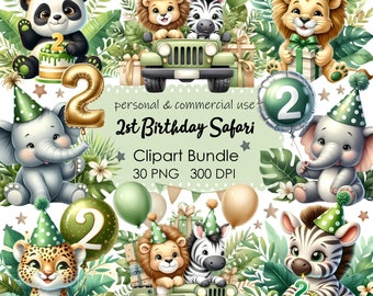 2st Birthday Safari Clipart, Safari Clipart, Jungle Animals Png, Lion, Zebra, Elephant Safari PNG, Nursery Clipart, Birthday Clipart