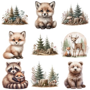 May include: A digital illustration of a collection of cute woodland animals, including foxes, a deer, a raccoon, and a bear. The animals are surrounded by trees, mushrooms, and other forest elements.