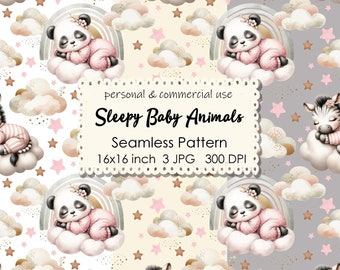 Sleepy Baby Animals Seamless Pattern: Nursery Decor (Digital Download)