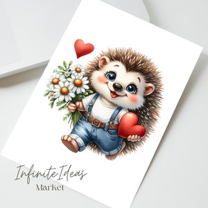 May include: A cute cartoon hedgehog wearing blue overalls and holding a bouquet of white daisies and a red heart. The hedgehog is smiling and has big blue eyes. The background is white.