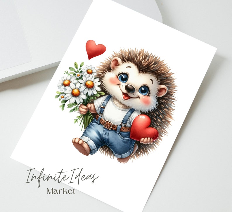 May include: A cute cartoon hedgehog wearing blue overalls and holding a bouquet of white daisies and a red heart. The hedgehog is smiling and has big blue eyes. The background is white.