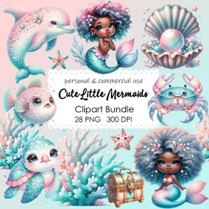 Mignonne petite sirène afro-américaine Clipart, clipart aquarelle de petites sirènes noires, fond Transparent, téléchargement numérique instantané
