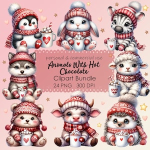 Animaux d'hiver avec chocolat chaud Clipart Bundle - Noël lapin renard ours loup PNG aquarelle transparente, utilisation commerciale en téléchargement numérique