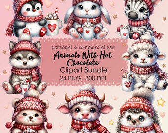 Winter Animals with Hot Chocolate Clipart: Watercolor PNG Bundle (Commercial Use)