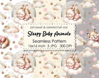 Sleepy Baby Animals Seamless Pattern: Nursery Fabric Print (Digital Download)