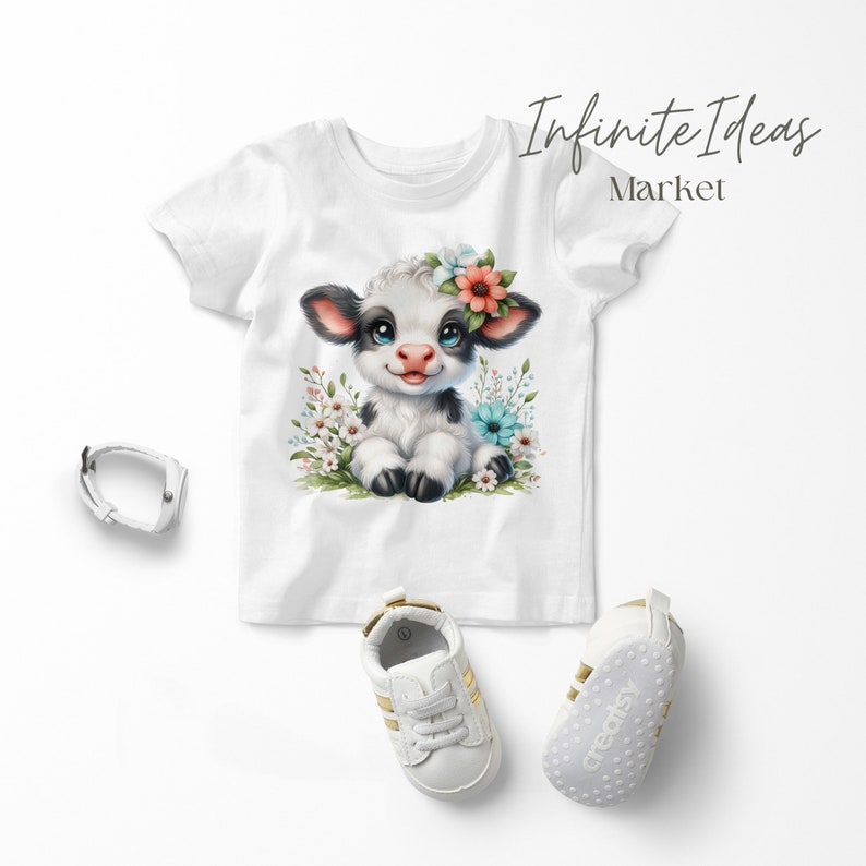 May include: White t-shirt featuring a cartoon illustration of a black and white calf wearing a flower crown. The calf is surrounded by flowers in shades of pink, blue, and white. The text "Infinite Ideas Market" is in the top right corner of the image.