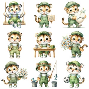 May include: Nine watercolor illustrations of cute cartoon tigers wearing green overalls and caps. Each tiger is doing a different activity, such as playing on a swing, holding a sign that says "Little Tiger", holding a heart that says "Love", holding a bouquet of flowers, sitting at a desk, fishing, and playing soccer.