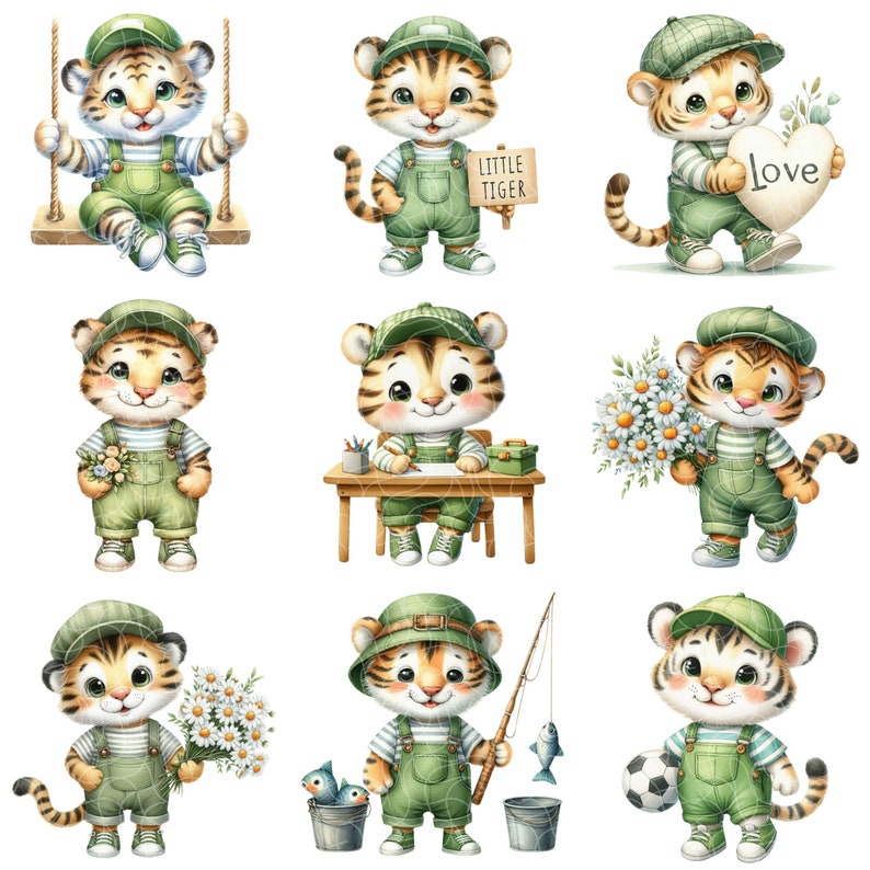May include: Nine watercolor illustrations of cute cartoon tigers wearing green overalls and caps. Each tiger is doing a different activity, such as playing on a swing, holding a sign that says "Little Tiger", holding a heart that says "Love", holding a bouquet of flowers, sitting at a desk, fishing, and playing soccer.