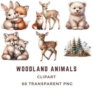 May include: A set of 68 digital clipart images featuring woodland animals. The images include a brown and white rabbit, a red fox, a brown and white deer, a white bear, and a forest scene with trees and mushrooms. All images are transparent PNG files.