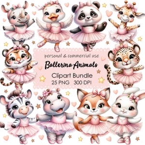 Paquete de imágenes prediseñadas de adorables bailarinas: animales de bailarinas en acuarela: descarga instantánea de archivos PNG