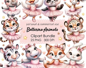 Adorable Ballerina Cuties Clipart Bundle - Watercolor Ballerina Animals - Instant Download PNG Files