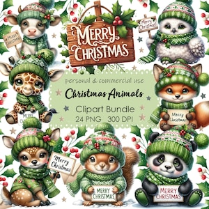 Bundle de cliparts animaux hiver - Noël hibou renard cerf girafe panda PNG aquarelle transparente - téléchargement numérique à usage commercial