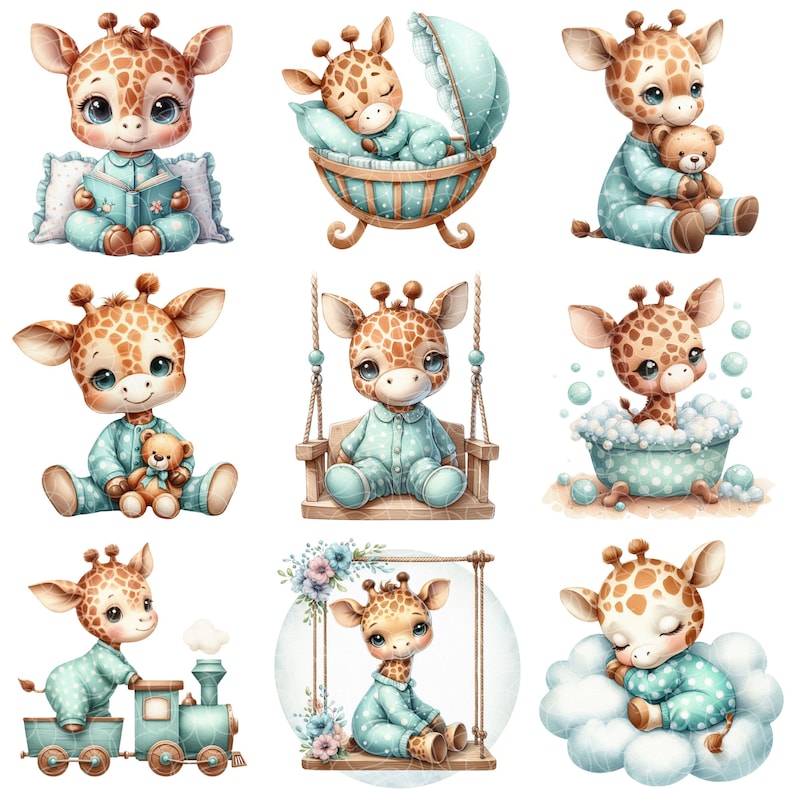 Pu&ograve; includere: Nove illustrazioni di una simpatica giraffa dei cartoni animati in diverse scene. La giraffa indossa un pigiama blu con pois bianchi. Le scene includono la giraffa che legge un libro, dorme in una culla, gioca con un orsacchiotto, si dondola su un'altalena, fa il bagno, guida un trenino giocattolo e dorme su una nuvola.