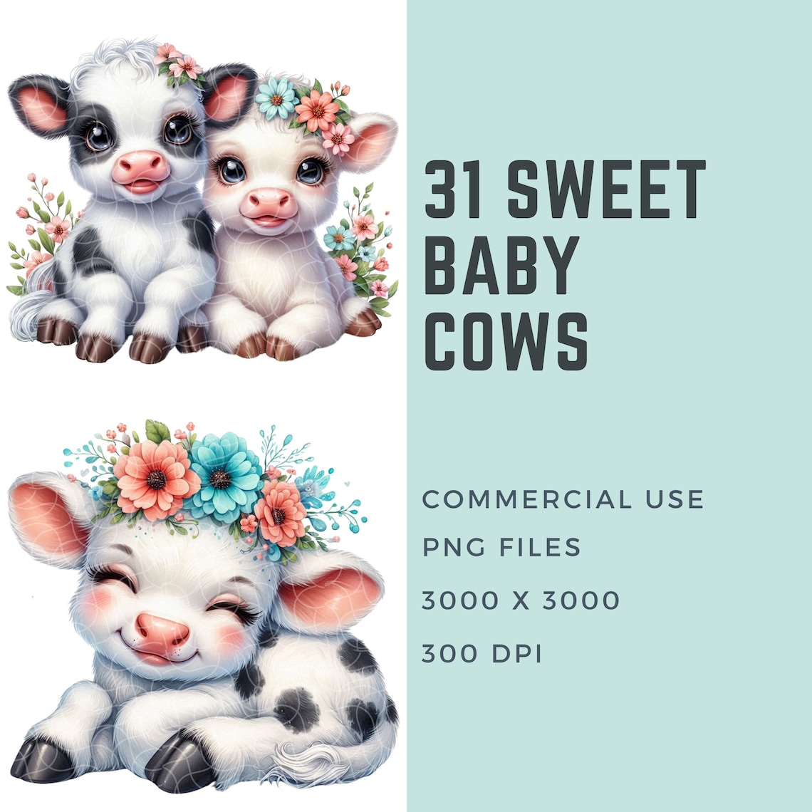 Cute Watercolor Baby Cows Clipart Collection - Instant Download PNG ...