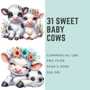 May include: A set of 31 digital illustrations of cute baby cows with floral crowns. The cows are white with black spots and have big, brown eyes. The flowers are pink, blue, and white. The illustrations are perfect for adding a touch of whimsy to your projects.