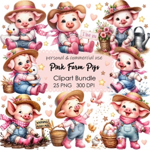 Clipart PNG de cochons, rose, 25 porcelets mignon aquarelle animal de la ferme, fille des cliparts porcelet, imprimable, bébé cochon rose mignon, bricolage fabrication de cartes