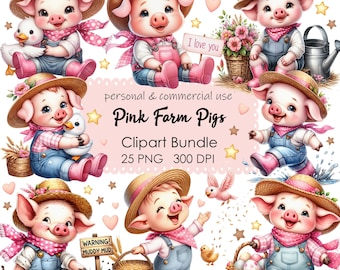 Pigs Clipart PNG, Pink Clip Art, 25 Watercolor Cute Piglet Farm Animal, Girl Piglet Clipart, Printable, Pink Cute Baby Pig, DIY Card Making
