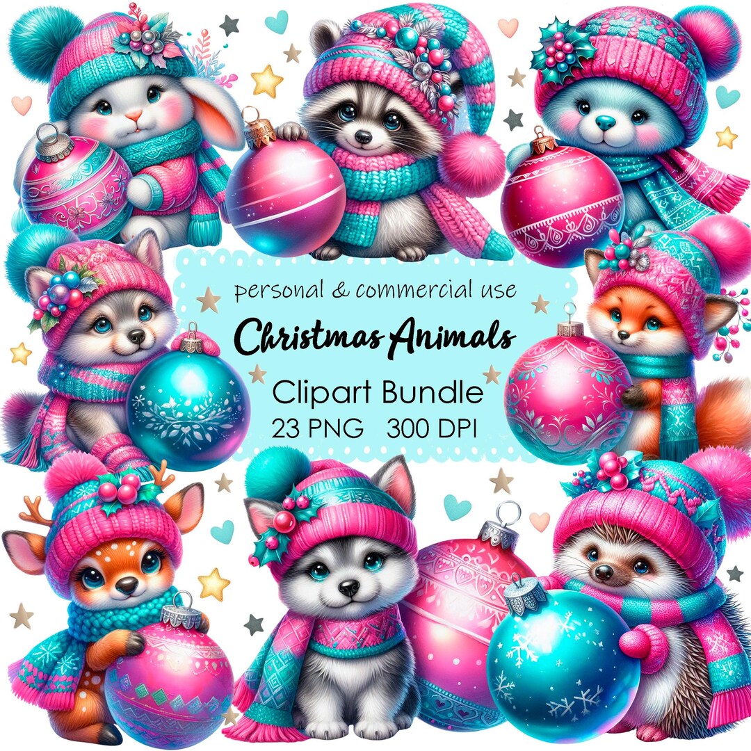 Winter Animals Clipart Bundle - Christmas Bunny Fox Deer Bear Wolf PNG ...