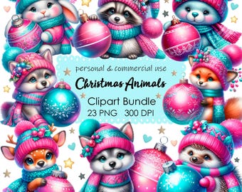 Watercolor Christmas Animals Clipart Bundle: Bunny, Fox, Deer (Digital Download)