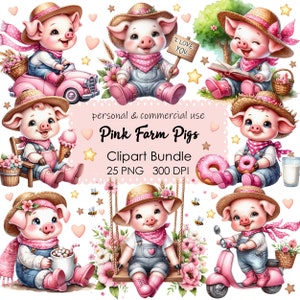 Pink Piglet Clipart Set - 25 Watercolor Farm Animal PNGs for DIY Card Making
