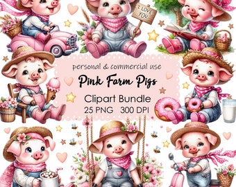 Pink Piglet Clipart Set - 25 Watercolor Farm Animal PNGs for DIY Card Making
