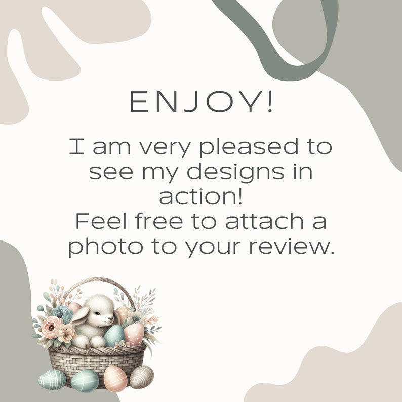 Puede incluir: Un conejito blanco se sienta en una cesta de mimbre con huevos de Pascua azules y rosas pastel y flores de primavera. El texto "ENJOY! I am very pleased to see my designs in action! Feel free to attach a photo to your review." est&aacute; escrito en negro sobre un fondo blanco.