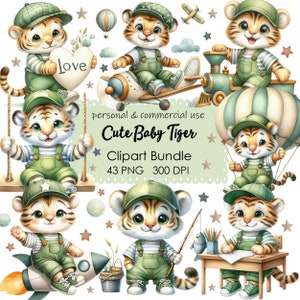 May include: A set of 43 digital clipart images featuring cute baby tigers in various poses and settings. The tigers are wearing green overalls and have adorable expressions. The clipart includes images of the tigers on a swing, in a hot air balloon, on a plane, on a train, fishing, and drawing at a desk. The images are perfect for creating invitations, cards, scrapbook pages, and other craft projects.
