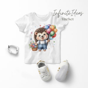 May include: White t-shirt with a cartoon hedgehog holding a bunch of colorful balloons and a basket of flowers. The text "Infinite Ideas Market" is printed on the top right corner of the shirt.