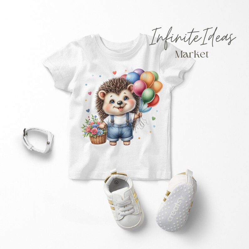 May include: White t-shirt with a cartoon hedgehog holding a bunch of colorful balloons and a basket of flowers. The text "Infinite Ideas Market" is printed on the top right corner of the shirt.
