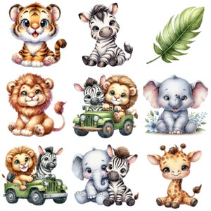 Puede incluir: Un conjunto de nueve ilustraciones de animales adorables que incluyen un tigre, una cebra, un le&oacute;n, un elefante, una jirafa y un jeep. Los animales son todos de estilo de dibujos animados y tienen ojos grandes y expresiones amigables. Las ilustraciones son perfectas para libros infantiles, tarjetas u otros proyectos creativos.