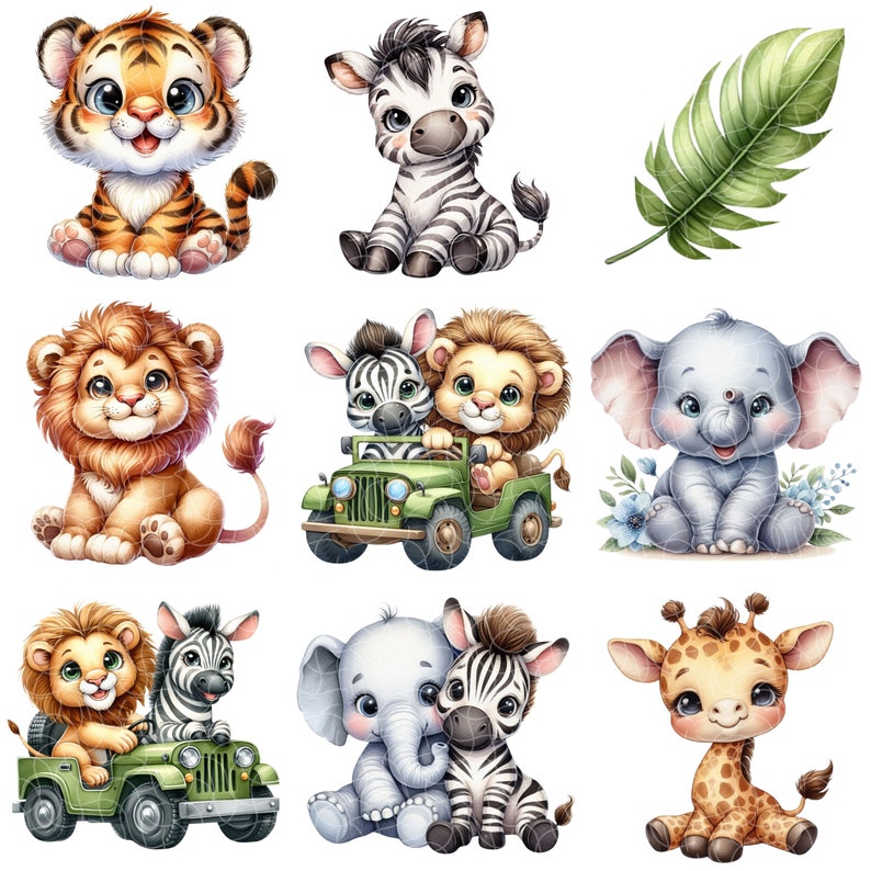 Puede incluir: Un conjunto de nueve ilustraciones de animales adorables que incluyen un tigre, una cebra, un le&oacute;n, un elefante, una jirafa y un jeep. Los animales son todos de estilo de dibujos animados y tienen ojos grandes y expresiones amigables. Las ilustraciones son perfectas para libros infantiles, tarjetas u otros proyectos creativos.