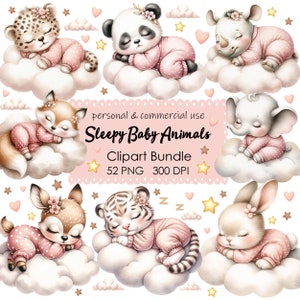 Adorables imágenes prediseñadas de bebés: Animales de acuarela en poses soñolientas - Archivos PNG