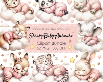 Adorable Baby Clipart Set: Watercolor Animals in Sleepy Poses - PNG Files