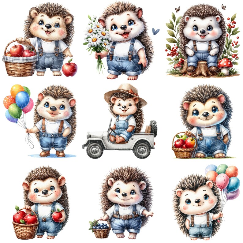 May include: Nine illustrations of cute cartoon hedgehogs wearing overalls and various accessories. The hedgehogs are holding items such as balloons, apples, and flowers. Some are riding in a jeep, while others are sitting on a tree stump.