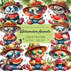 Sandía Animales Clipart, Sandía PNG, Verano PNG, Verano Animales Png, León, Tigre, Panda, Zorro, Elefante Png, Sublimación de animales