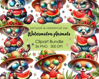 Watermelon Animals Clipart: Summer PNG Bundle (36 Files)