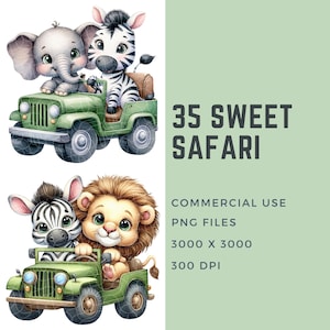Puede incluir: Un conjunto de 35 ilustraciones digitales de animales lindos en un jeep de safari. Los animales incluyen una cebra, un le&oacute;n, un elefante, una jirafa, un mono y m&aacute;s. Las ilustraciones son perfectas para crear invitaciones, tarjetas y otras manualidades.