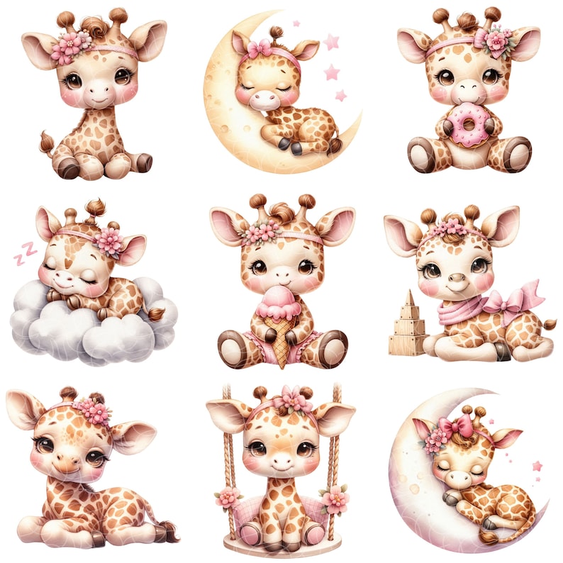 May include: Nine digital illustrations of cute giraffes in various poses. The giraffes are all wearing pink headbands with flowers and have brown spots. They are holding items like ice cream cones, donuts, and toys. Some are sleeping on clouds or moons.