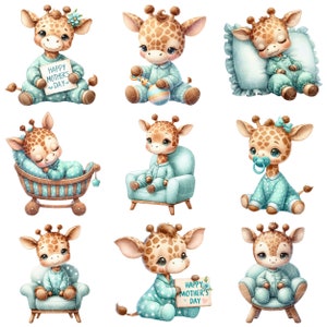 Pu&ograve; includere: Nove illustrazioni di adorabili cuccioli di giraffa in varie pose. Alcuni sono seduti su sedie, alcuni dormono in una culla e alcuni tengono un cartello che dice "Happy Mother's Day".