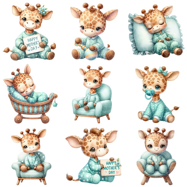 Pu&ograve; includere: Nove illustrazioni di adorabili cuccioli di giraffa in varie pose. Alcuni sono seduti su sedie, alcuni dormono in una culla e alcuni tengono un cartello che dice "Happy Mother's Day".