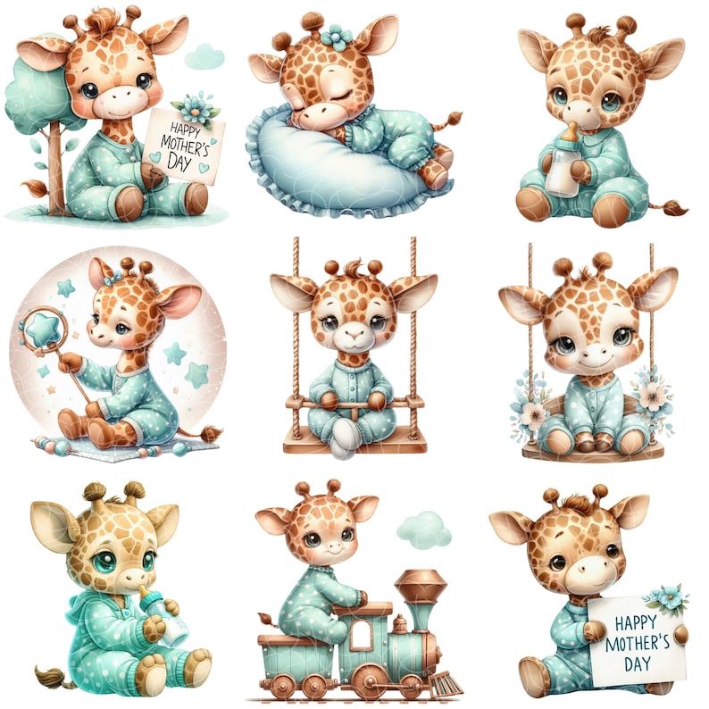 Pu&ograve; includere: Nove illustrazioni di adorabili cuccioli di giraffa in varie pose. Le giraffe indossano pigiami blu e tengono oggetti come un sonaglio, una bottiglia e un cartello che dice "Happy Mother's Day".