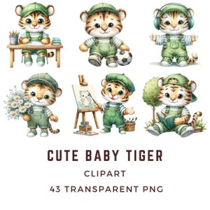 May include: A set of six digital illustrations featuring a cute baby tiger wearing different outfits and engaging in various activities, including playing soccer, reading a book, painting, holding flowers, and attending school. The illustrations are in a cartoon style and have a watercolor effect.