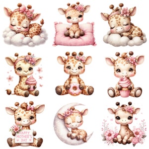 May include: Nine illustrations of cute giraffes with pink flowers, bows, and other accessories. The giraffes are in various poses, including sleeping, sitting, and holding a donut or cupcake. Some of the giraffes are on clouds, a crescent moon, or a pink pillow.