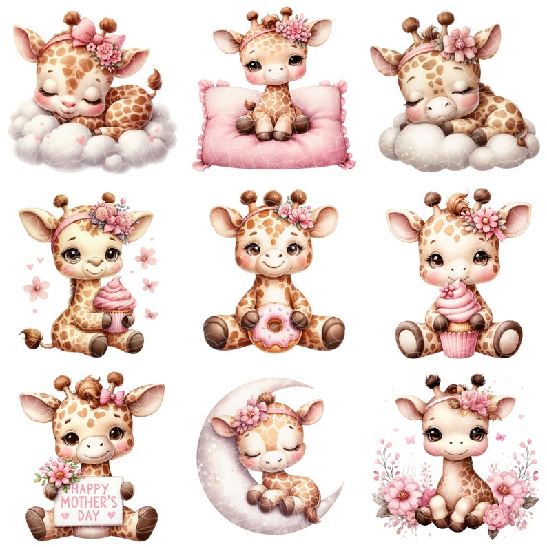 May include: Nine illustrations of cute giraffes with pink flowers, bows, and other accessories. The giraffes are in various poses, including sleeping, sitting, and holding a donut or cupcake. Some of the giraffes are on clouds, a crescent moon, or a pink pillow.