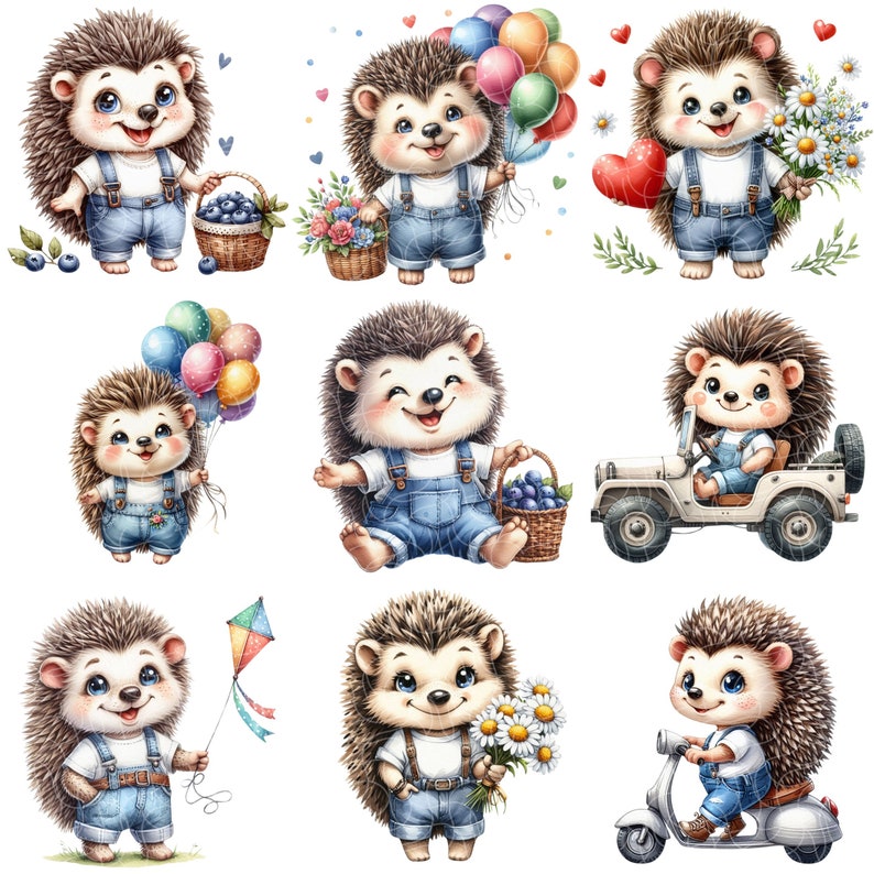 Cute Hedgehogs Clipart, Hedgehog Clipart Bundle, Hedgehog PNG, Cute Animal Clipart, Cute Animals, Transparent Background, Digital Download image 3