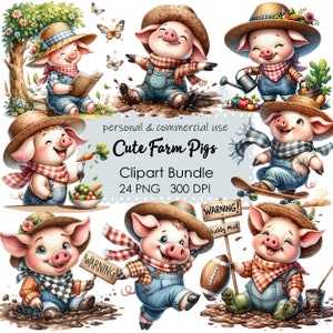 Imágenes prediseñadas de cerdos de granja lindos, imágenes prediseñadas de cerdo PNG, 24 animales de granja de cerditos lindos en acuarela, imprimibles, cerdito bebé pastel lindo, fabricación de tarjetas DIY