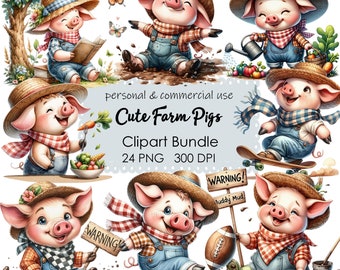 Imágenes prediseñadas de cerdos en acuarela, animales de granja en formato PNG, para hacer tarjetas (descarga digital).